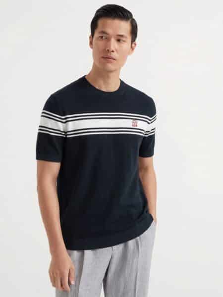 [브루넬로 쿠치넬리] 남성 스트라이프 코튼 니트 반팔 (3 COLORS)