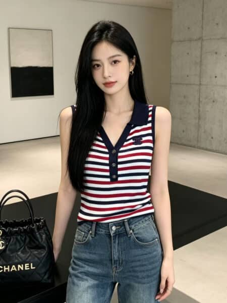 [샤넬] 리브드 스트라이프 폴로 탱크탑