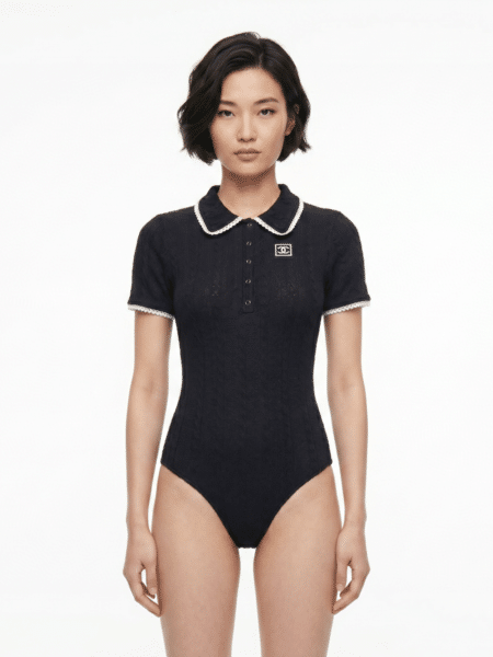 [샤넬] 자카드 니트 CC 로고 레이스 칼라 반팔 원피스 수영복
