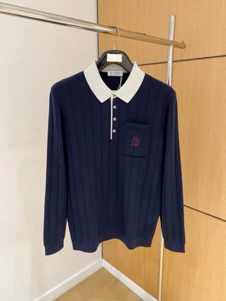 [브루넬로 쿠치넬리 ] 남성 배색 카라 골지 니트 티셔츠 (3 COLORS)
